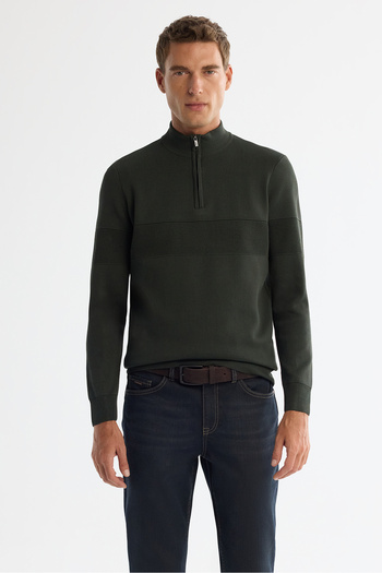 Avva Men's Khaki Zippered Stand Collar Front Textured Detail Knitwear Regular Fit Sweater A42Y5031