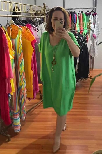 Zer Otantik Large Size Linen Ayrobin Dress with Necklace Green