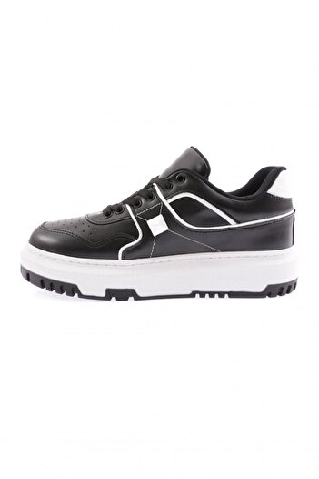 DGN Kadın Kalın Taban Bağcıklı Dikiş Detaylı Sneakers Ayakkabı Siyah-beyaz 1313363