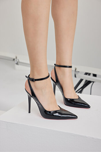 AYAKKABI PRENSİ Gina Ankle Strap Black Patent Leather 10 cm Women's Stiletto, High Heels