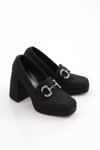 DGN Women's Blunt Toe Buckle Platform Heeled Shoes Black Lycra 110623327