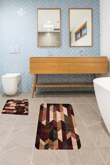 Pelangi Color Blocked Bathroom Rug Double Toilet Seat Set Non-Slip Base Bath Mat Set