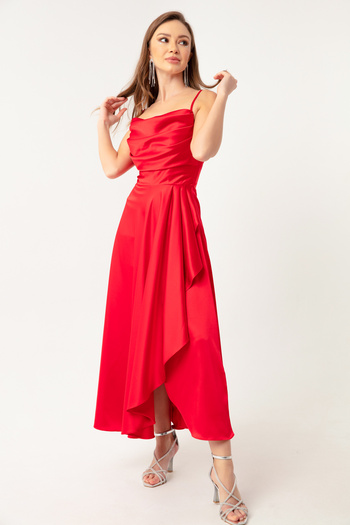 Lafaba Women's Red Flounce Slit Satin Midi Length Evening Dress & Graduation Dress