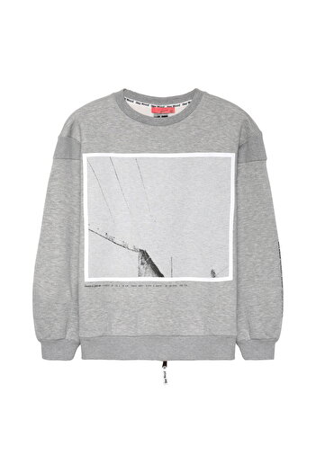 Quzu Gray Printed Sweatshirt - Back Zip Detail