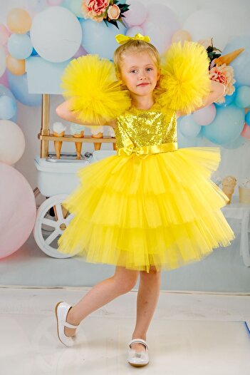 Delfini kids Girl - Buckle Pompom Sleeve, Evening Dress Party Birthday Dress