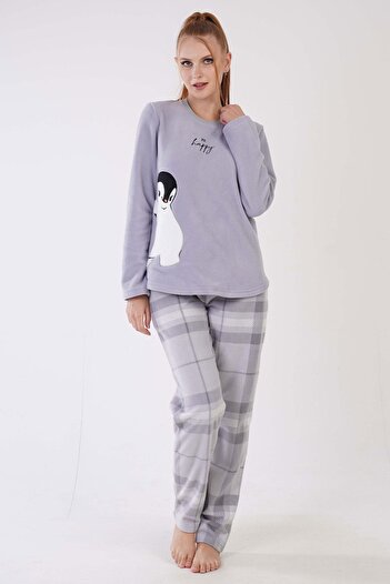 VİENETTA Women's Fleece Long Sleeve Gray Pajamas Set C7T8N1O303