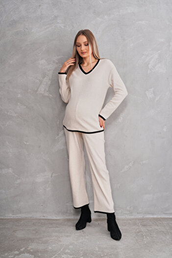 Miss Dünya Lissa V-Neck Fitted Soft Fabric Maternity and Maternity Top and Bottom Set