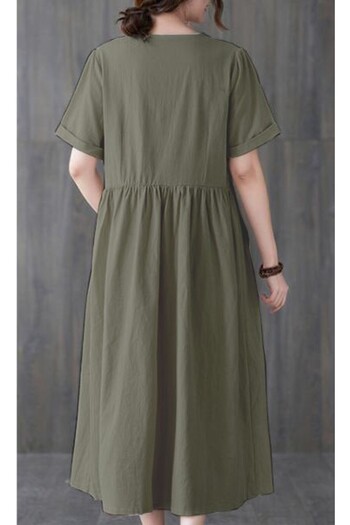 Barbora Linen Daily Comfortable V-neck Waist Gather Detailed Buttoned Dress