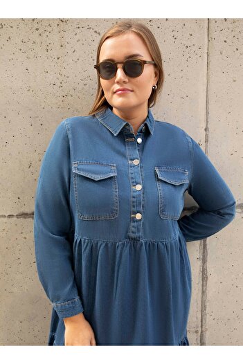 ALİA Plus Size Layered Denim Dress - Navy Blue - Alia
