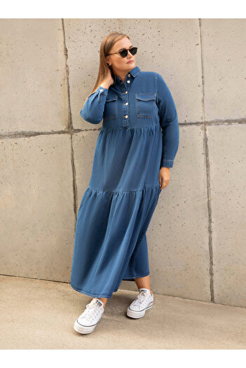 ALİA Plus Size Layered Denim Dress - Navy Blue - Alia