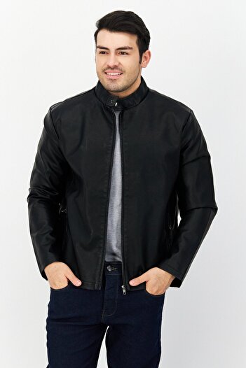 French Connection Men Plain Leather Motor Jacket Black