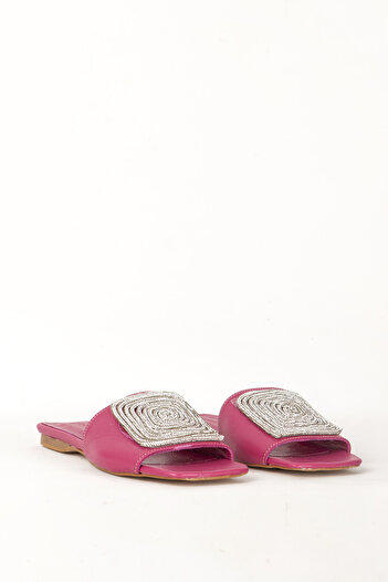 Dericlub Fuchsia Stumpy Toe and Stone Detailed Stylish Women's Slippers - Zy 7667 Genuine Leather