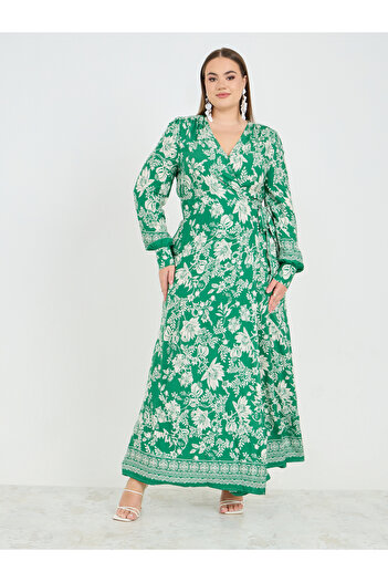 Styli Plus Floral Print V Neck Wrap Maxi Dress