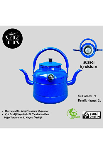 YıldırımKitchen Çift Taraflı -Kampçı, Avcı, Osmanlı, Muhabbet- Çaydanlık Büyük Boy (Mavi)