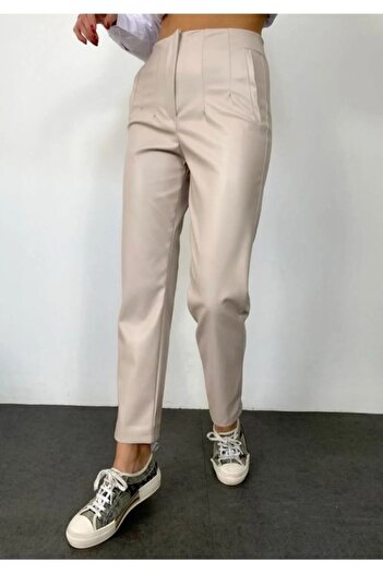 Winmoda34 High Waist Ecru Leather Women's Trousers - Classic Design with Thin Collets