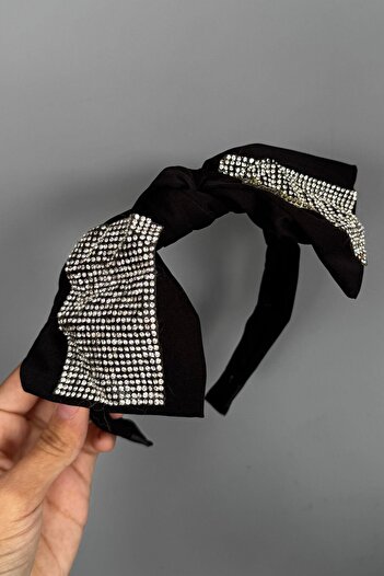 TAKIŞTIR Black Color Ribbon Figured Stone Detailed Satin Crown