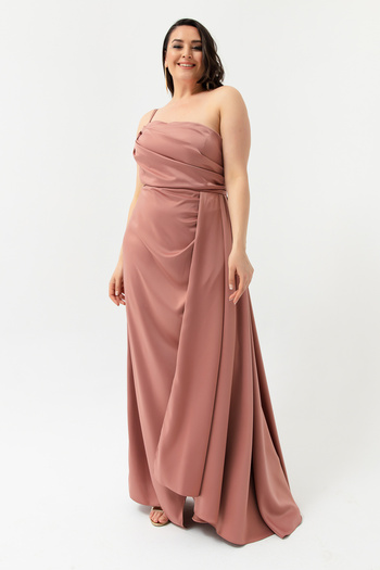 Lafaba Γυναικείο βραδινό φόρεμα Salmon One Shoulder Plus Size Satin & Graduation Dress