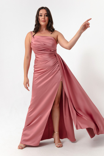 Lafaba Women's Powder One-Shoulder Plus Size Satin Evening Dress & Graduation Dress