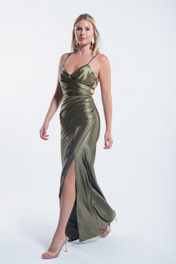 Lafaba Khaki Colored Women's Evening Dress - Long Dress with Backless and Slit