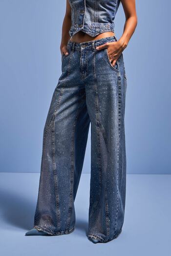 its basic Shiny Stone Detailed Jeans Color Palazzo Dámské džínové kalhoty