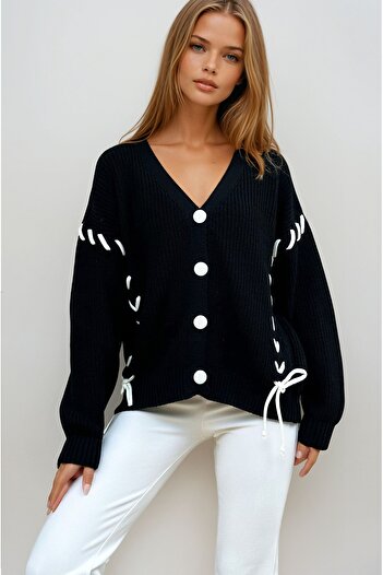 VAGGON Women's Black V-Neck Buttoned Lace Detailed Knitted Knitwear Cardigan Prm1198