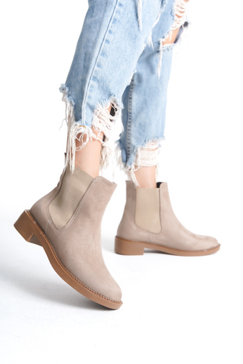 Santamarina Γυναικεία Vanessa Beige Suede Rubber Λεπτομερή κοντά μποτάκια