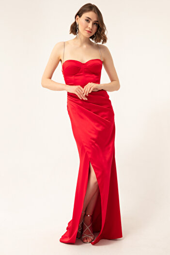 Lafaba Women's Red Stone Strap Slit Long Satin Evening Dress