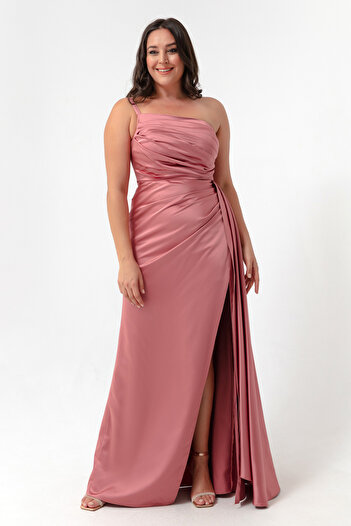 Lafaba Women's Powder One-Shoulder Plus Size Satin Evening Dress & Graduation Dress