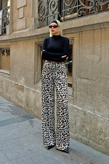 Swist Beige Drawstring Leopard Pattern High Waist Women's Satin Trousers