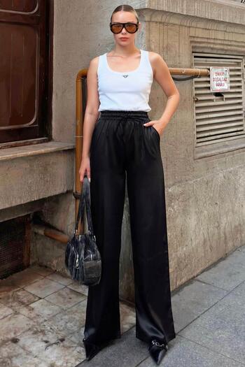 Swist Black Straight Waist Drawstring High Waist Women's Satin Pants