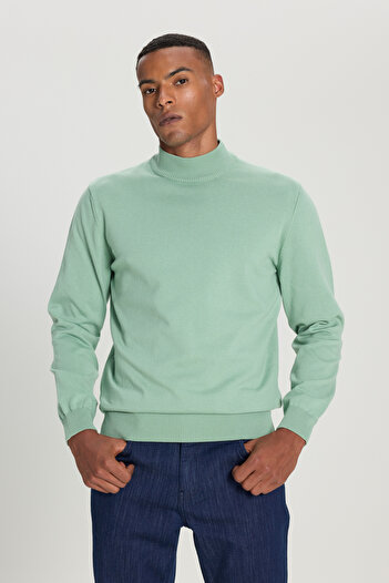 ALTINYILDIZ CLASSICS Men's Water Green Cotton Standard Fit Regular Cut Half Turtleneck Knitwear Sweater