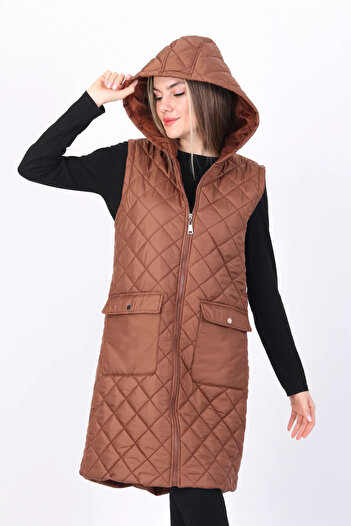 Modabenna Women's Hooded Zippered Long Inflatable Filling Vest