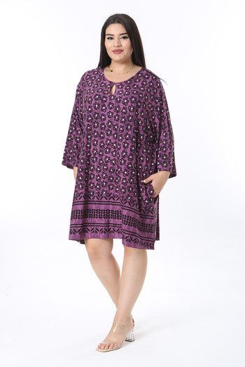 Şans Women's Plus Size Plum Kiss Collar Capri Sleeve Tunic Dress 65N38357