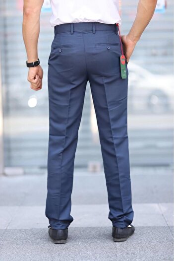 PHANTOM JEANS Klasik Kesim Indigo Mavi Mevsimlik Yan Cepli Keten Poliviskon Kumaş Baba Pantolonu Kumaş Pantolon