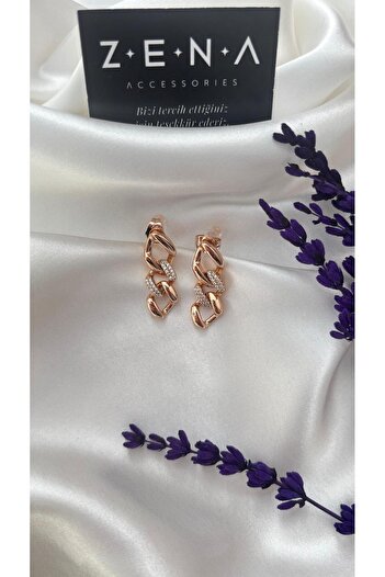 ZENA ACCESSORİES Viracle Rose Zircon Stone Chain Model Steel Earring