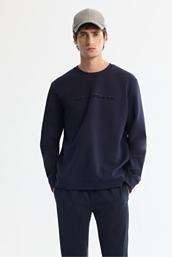 Avva Чоловічий синій велосипедний комір бавовняний принт еластан Regular Fit Sweatshirt A42Y1221