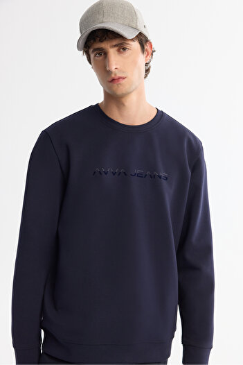 Avva Чоловічий синій велосипедний комір бавовняний принт еластан Regular Fit Sweatshirt A42Y1221