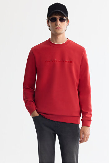 Avva Men's Red Crew Neck Cotton Printed Elastane Regular Fit Sweatshirt A42Y1221