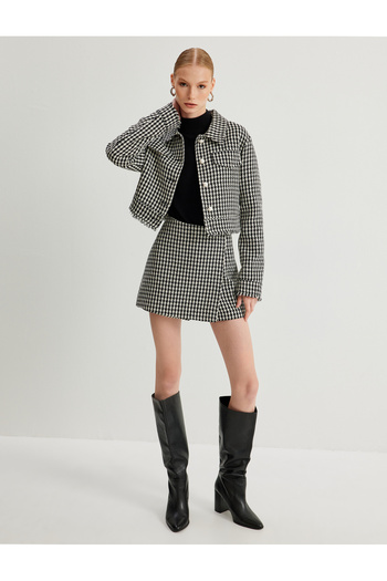Koton Houndstooth Print Pearl Buttoned Tweed Crop Jacket
