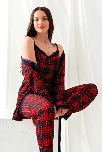 nisaNCa 3 Piece Women's Pajama Set with Dressing Gown and Dowry Box - Lace Women's Pajamas with Box - Large Size