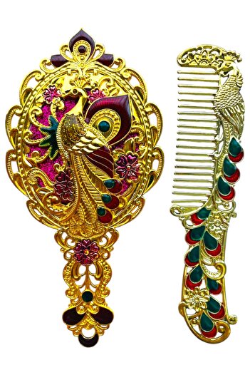 GALATA GIFT Ayna Tarak Seti, Tavuskuşu, Metal, Çeyizlik, Hediyelik Set, Mineli, Canlı Renkli Düğün Seti 15x12