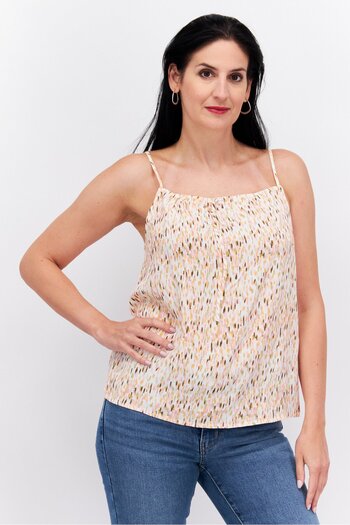 Esprit Women Square Neck Sleeveless Allover Print Top, Pink Combo