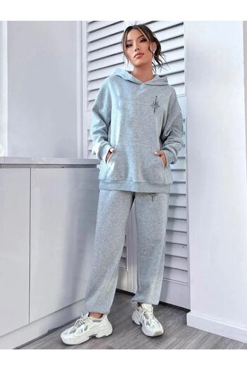 Pink Sky Women's Sword Printed Hooded Sweatshirt Tracksuit Bottom Top Set
