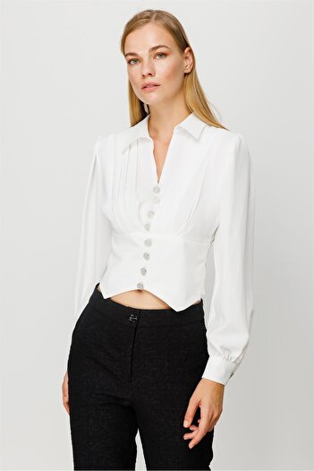 Moda İlgi Modailgi Pileli Crop Bluz Ekru