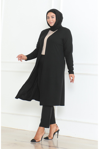 sefamerve Plus Size Flowy Long Seasonal Cardigan 8740A-01 Black