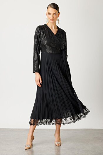 Moda İlgi Modailgi Φούστα Ζακάρ με λάμψη λουλουδιών με πλισέ διπλό φόρεμα μαύρο