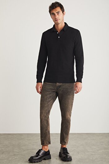 GRIMELANGE Schwarzes T-Shirt mit Polokragen und schmaler Passform für Herren von Tremont – 100 % Bio-Baumwolle, lange Ärmel