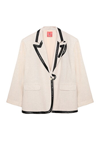 Quzu Print Detailed Linen Blazer Jacket Natural