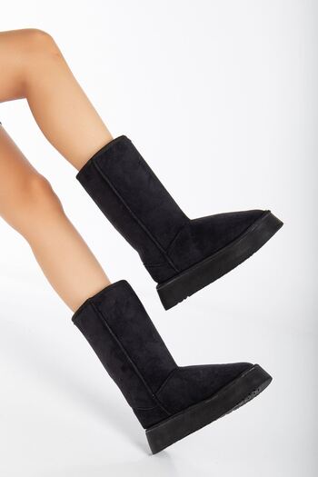 MaskButik Puffy Furry Inside Thick Heel Boots Μαύρα
