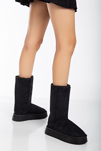 MaskButik Puffy Furry Inside Thick Heel Boots Μαύρα